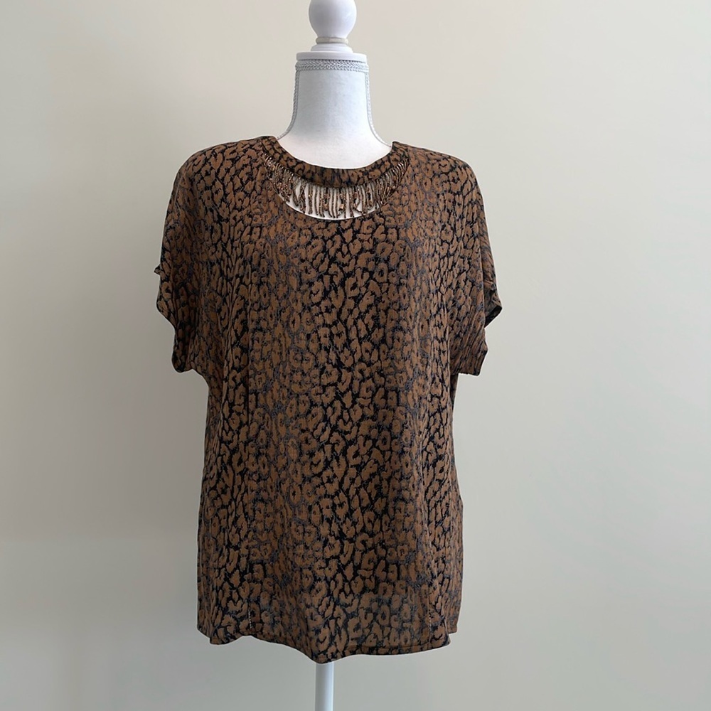 Carole Little Black & Tan Beaded Rayon Fringe Top. Large